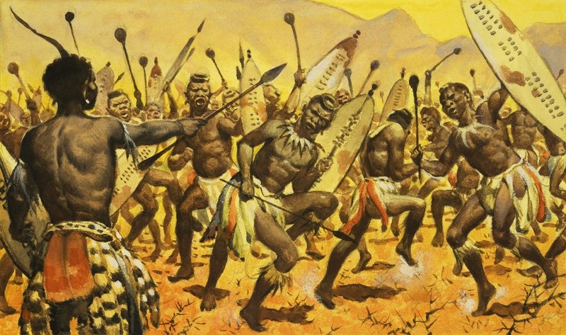 A zulu harcosokat Shaka arra kényszeríti, hogy tüskés talajon táncoljanak. alkotó: James Edwin McConnell