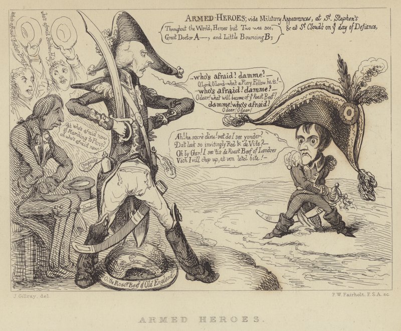 Fegyveres hősök: Henry Addington brit miniszterelnök szembeszáll Napóleonnal és egy francia invázió fenyegetésével, 1803 alkotó: James Gillray