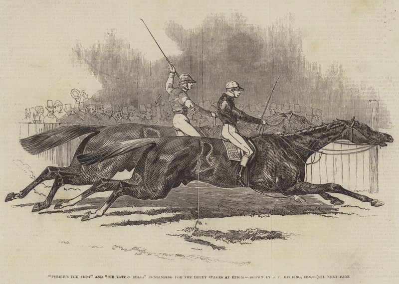 Pyrrhus the First és Sir Tatton Sykes küzdenek a Derby Stakes-ért Epsomban alkotó: James Herring