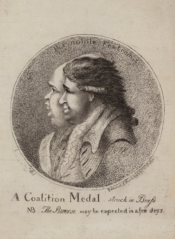 Koalíciós érem, rézbe ütve: szatíra Lord North és Charles James Fox brit politikusok koalíciójáról, 1783 alkotó: James Sayers