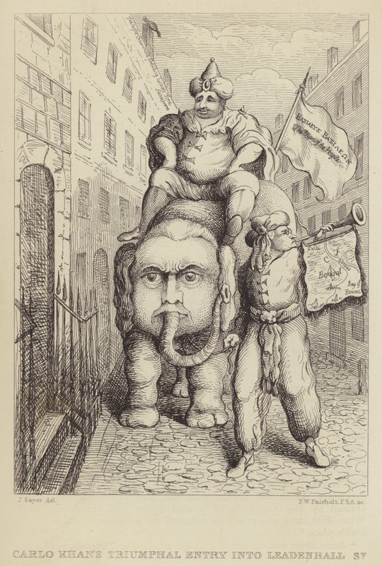 Carlo Khan diadalmas belépője a Leadenhall Streetre: szatíra Charles James Fox Whig-politikusról és Indiával kapcsolatos ambícióiról alkotó: James Sayers