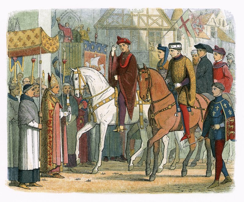 VI. Károly francia királyt és V. Henriket üdvözölte a papság alkotó: James William Edmund Doyle