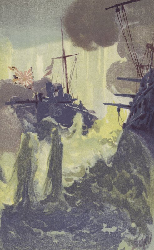Japán torpedóhajó rombolók éjszakai támadása az orosz osztag ellen Port Arthurnál (chromolitho) alkotó: Japanese School