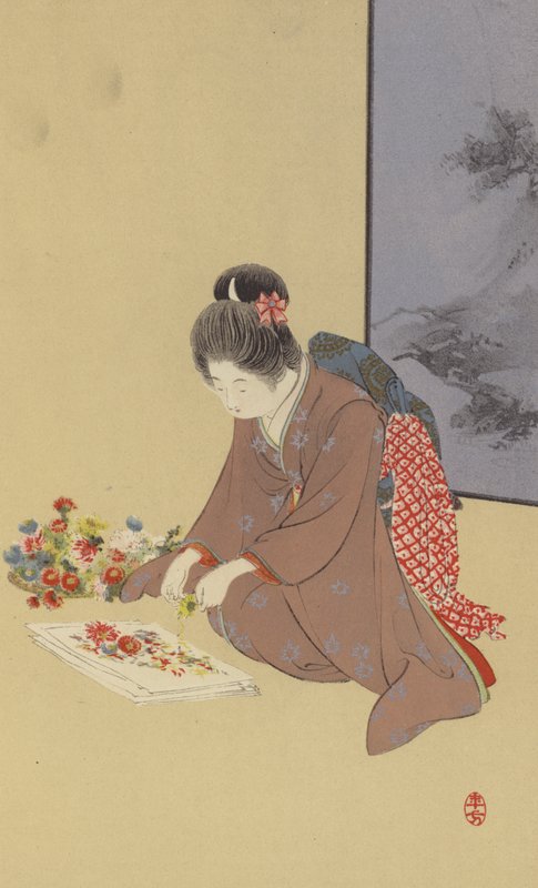 Egy fiatal lány krizantémokkal játszik (chromolitho) alkotó: Japanese School