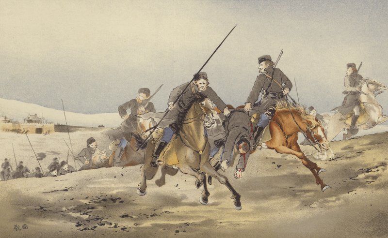 Sebesülttel menekülő kozákok (chromolitho) alkotó: Japanese School