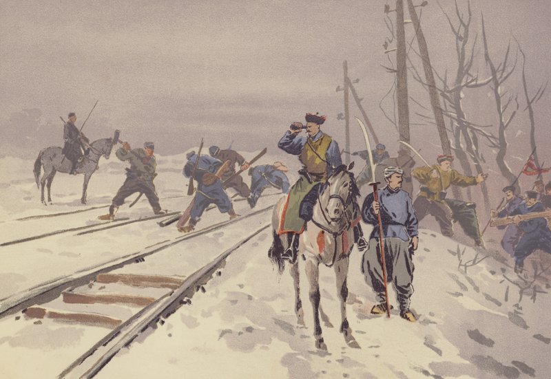 A mandzsúriai vasút megsemmisítése a hunhutsei rablók bandája által (chromolitho) alkotó: Japanese School