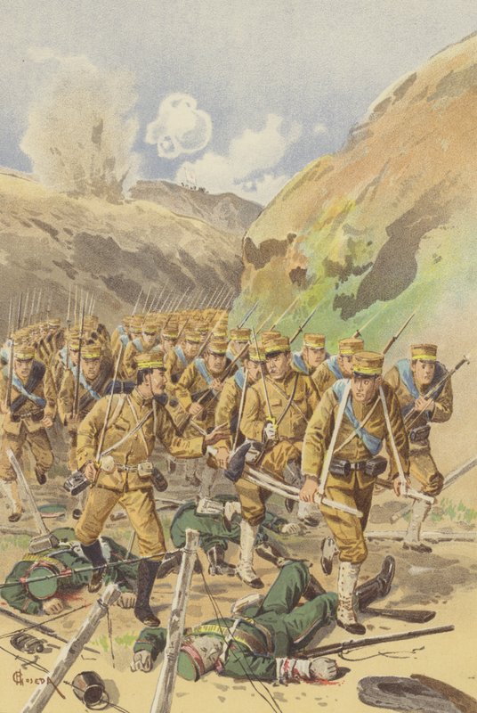Takagi hadnagy engedélyt kér dandárparancsnokától az előrenyomuláshoz (chromolitho) alkotó: Japanese School