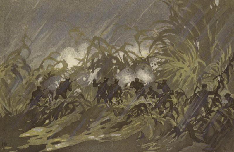 Gyalogos katonáink összecsapnak egy kölesmezőn Liao-yang (chromolitho) közelében alkotó: Japanese School