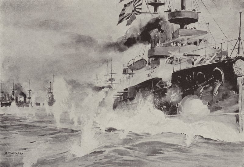 A Mikasa bátran harcol az orosz osztag ellen Port Arthurnál augusztus 10-én (litho) alkotó: Japanese School