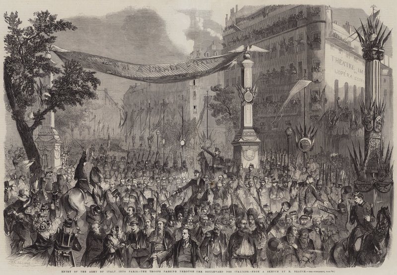 Az olasz hadsereg bevonulása Párizsba, a csapatok áthaladnak a Boulevard des Italiens-on alkotó: Jean Adolphe Beauce