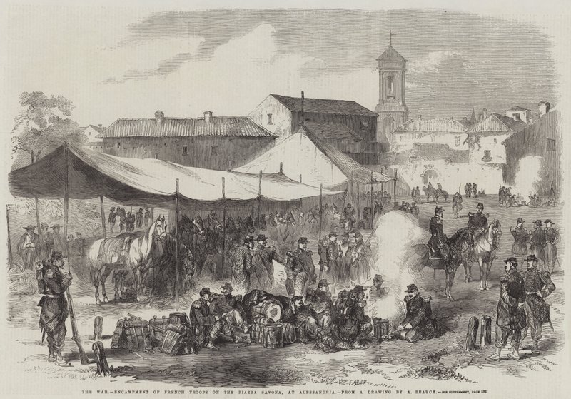 A háború, a francia csapatok táborozása a Piazza Savonán, Alessandriában alkotó: Jean Adolphe Beauce