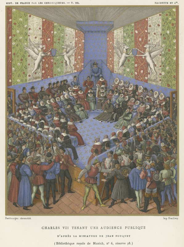 VII. Károly nyilvános audienciát tart (chromolitho) alkotó: Jean Fouquet