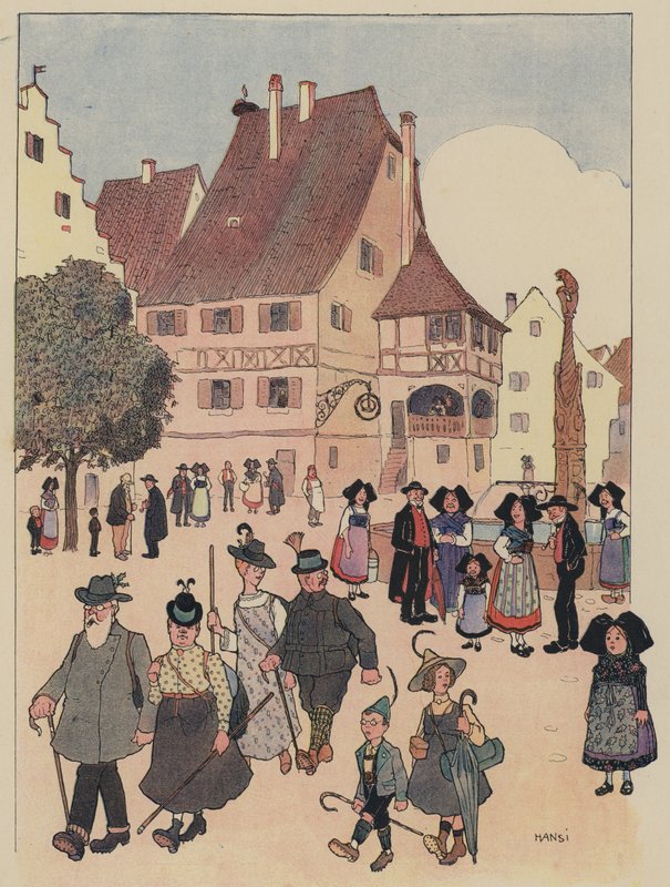 Német turisták egy elzászi faluban (színes litho) alkotó: Jean Jacques Waltz