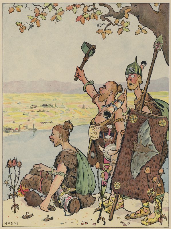 A németek Elzász felé néznek a Rajna túlsó partjáról (színes litho) alkotó: Jean Jacques Waltz