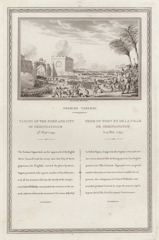 Seringapatnam erőd és város elfoglalása a britek által, Negyedik Anglo-Mysore háború, India alkotó: Jean (after) Duplessi Bertaux
