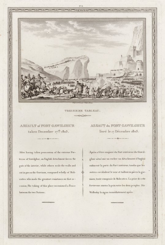 Gawilghur erődjének elfoglalása a britek által Arthur Wellesley parancsnoksága alatt, második angol-marashtrai háború, India alkotó: Jean (after) Duplessi Bertaux
