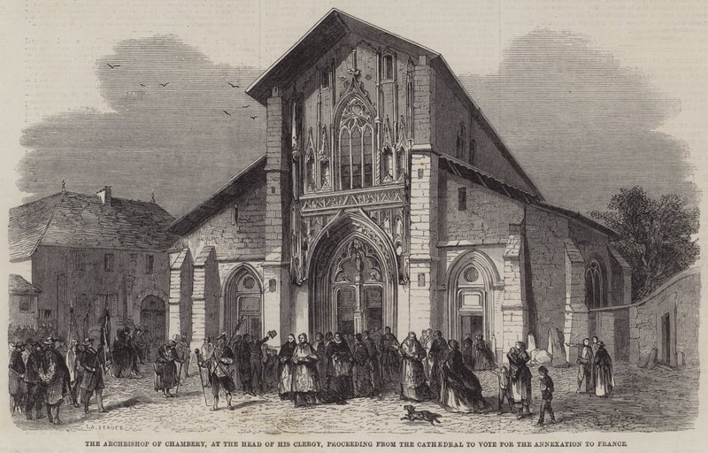 Chambery érseke, papsága élén, a székesegyházból kiindulva szavaz a Franciaországhoz csatolás mellett alkotó: Jean Adolphe Beauce