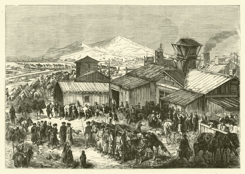 Orosz kereskedelmi állomás Kashgarban (metszet) alkotó: Jean Baptiste Henri Durand Brager