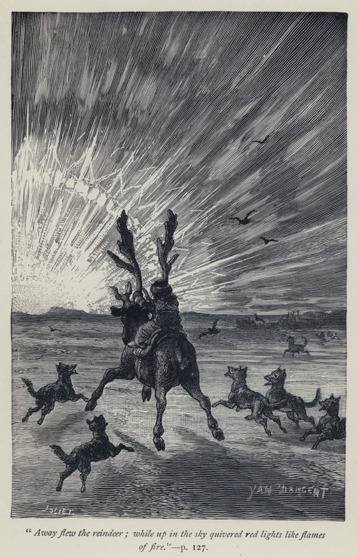"Elrepültek a rénszarvasok, míg fent az égen vörös fények remegtek, mint a tűz lángja" (metszet) alkotó: Jean Edouard Dargent