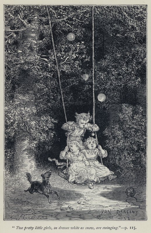 "Két csinos kislány, hófehér ruhában hintázik" (metszet) alkotó: Jean Edouard Dargent