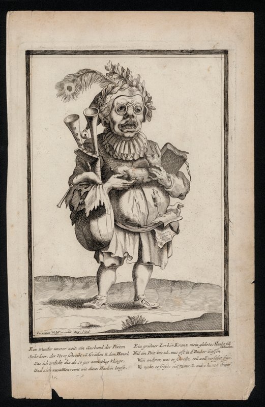 Dudát cipelő és pávatoll fejdíszt viselő férfi, szürrealista jelmezminta, c1700 (metszet) alkotó: Jeremias Wolff