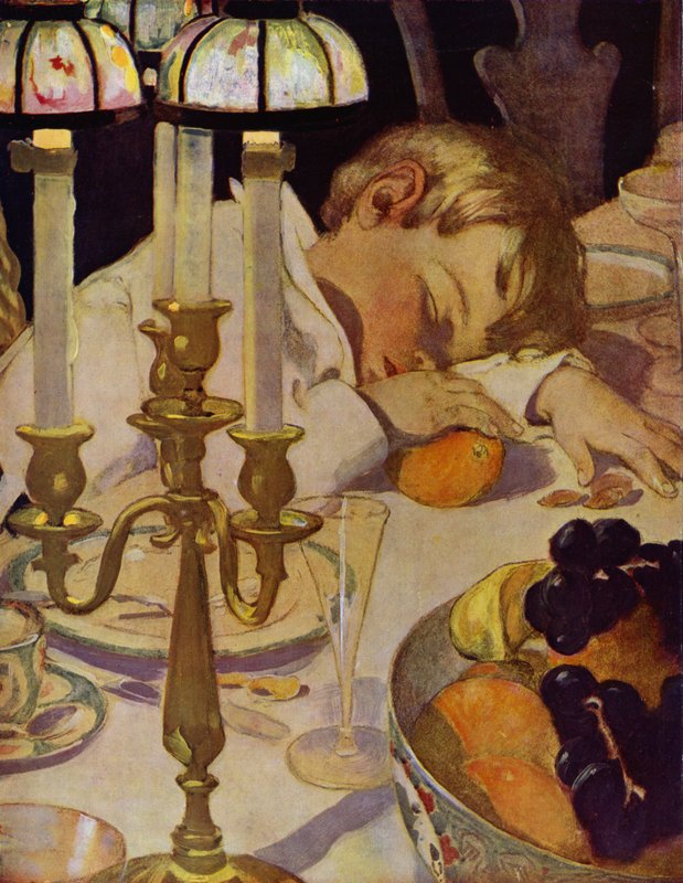 Robin a karjára hajtotta a fejét, és lehunyta a szemét (színes litho) alkotó: Jessie Willcox Smith