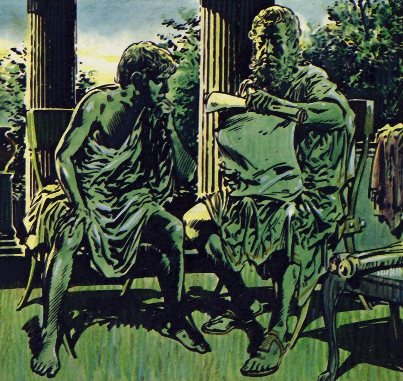 Fülöp Arisztotelészt kérte fel fia tanítására (színes litográfia). alkotó: Jesus Blasco