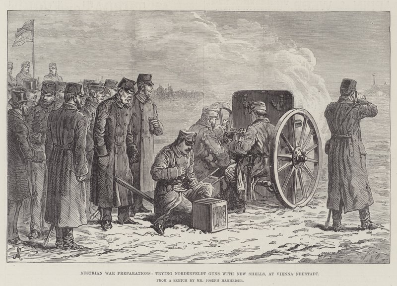 Osztrák háborús előkészületek, Nordenfeldt ágyúk kipróbálása új lövedékekkel, Bécs-Neustadtban alkotó: Johann Nepomuk Schonberg