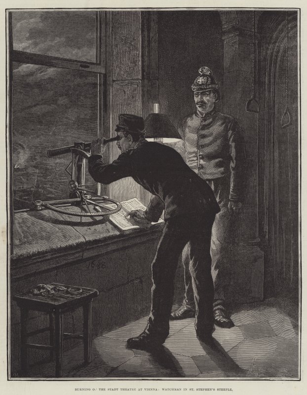 Leégett a bécsi Stadt Színház, Őrálló a Szent István-toronyban alkotó: Johann Nepomuk Schonberg