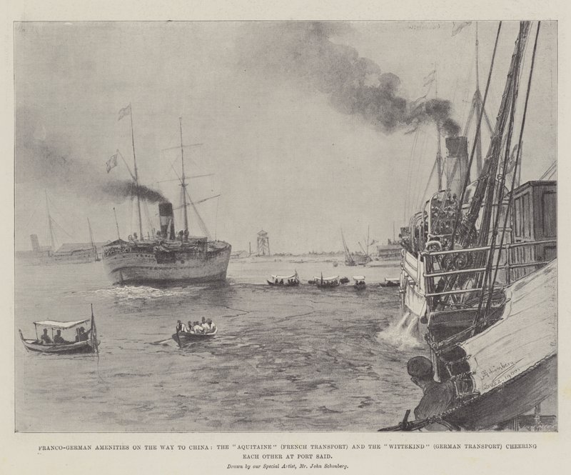 Francia-német kényelem útban Kína felé, az Aquitaine (francia szállítóhajó) és a Wittekind (német szállítóhajó) szurkol egymásnak Port Saidban. alkotó: Johann Nepomuk Schonberg