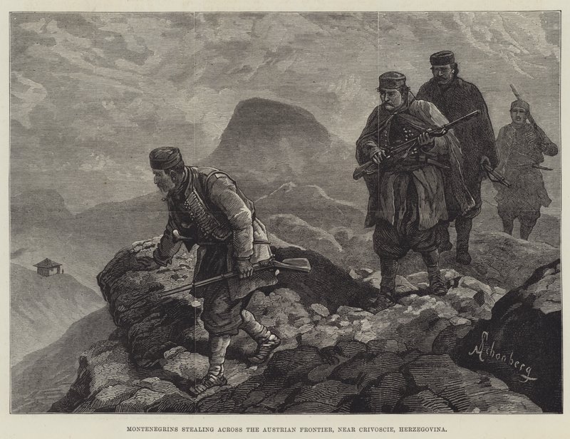 Montenegróiak lopnak az osztrák határon, Crivoscie közelében, Hercegovinában alkotó: Johann Nepomuk Schonberg