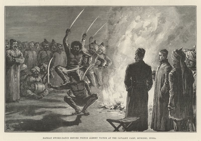 Pathan Sword-Dance Albert Viktor herceg előtt a lovassági táborban, Muridki, India alkotó: Johann Nepomuk Schonberg