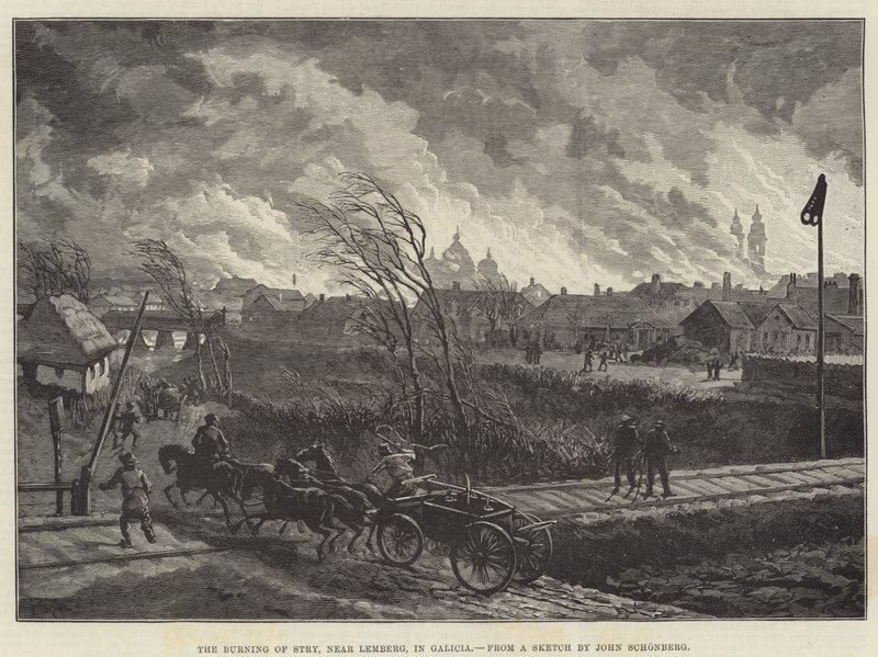 The Burning of Stry, Lemberg közelében, Galíciában alkotó: Johann Nepomuk Schonberg
