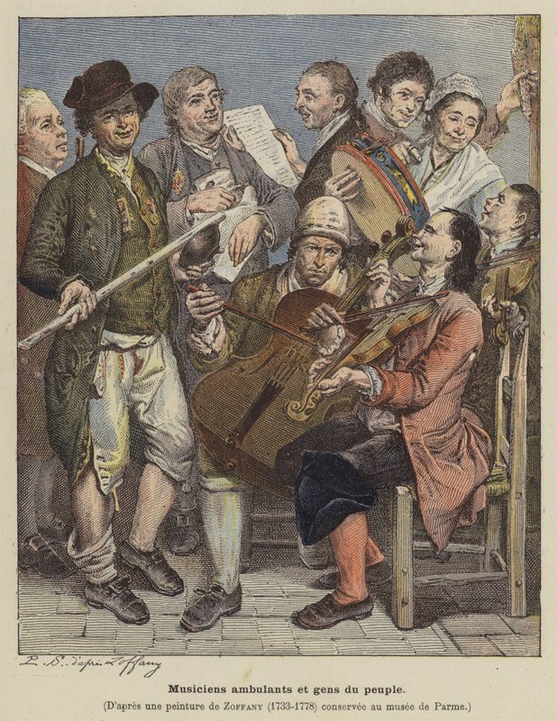 Utazó zenészek és egyszerű emberek (színes litó) alkotó: Johann (after) Zoffany