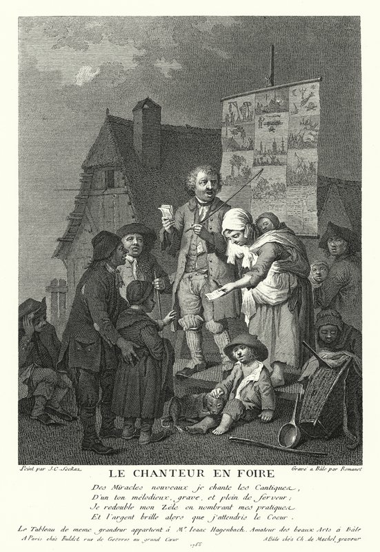 Az énekes a vásárban (metszet) alkotó: Johann Conrad Seekatz