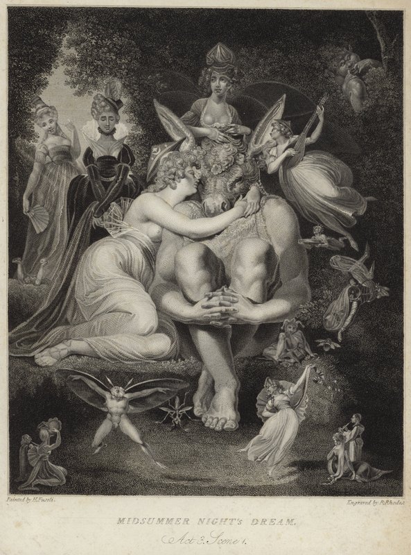 Titania megcsókolja Bottomot a Szentivánéji álomban alkotó: Johann Heinrich Füssli