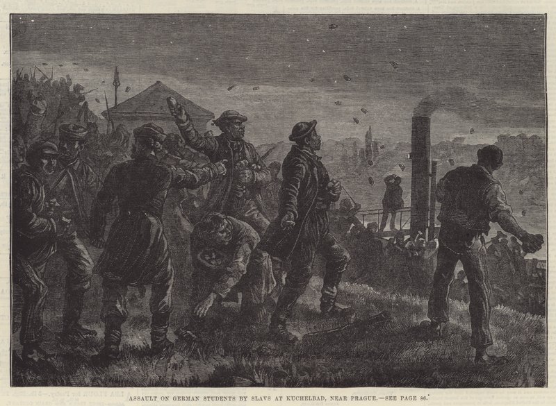Szlávok német diákok elleni támadás a Prága melletti Kuchelbadban (metszet) alkotó: Johann Nepomuk (after) Schonberg