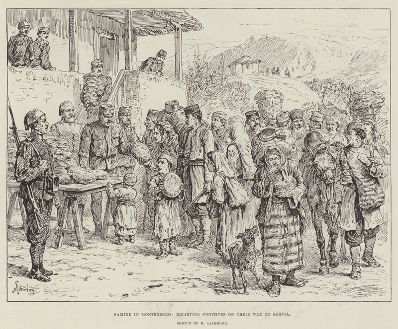 Éhínség Montenegróban, a Szerbiába tartó menekülők megkönnyebbülése alkotó: Johann Nepomuk Schonberg