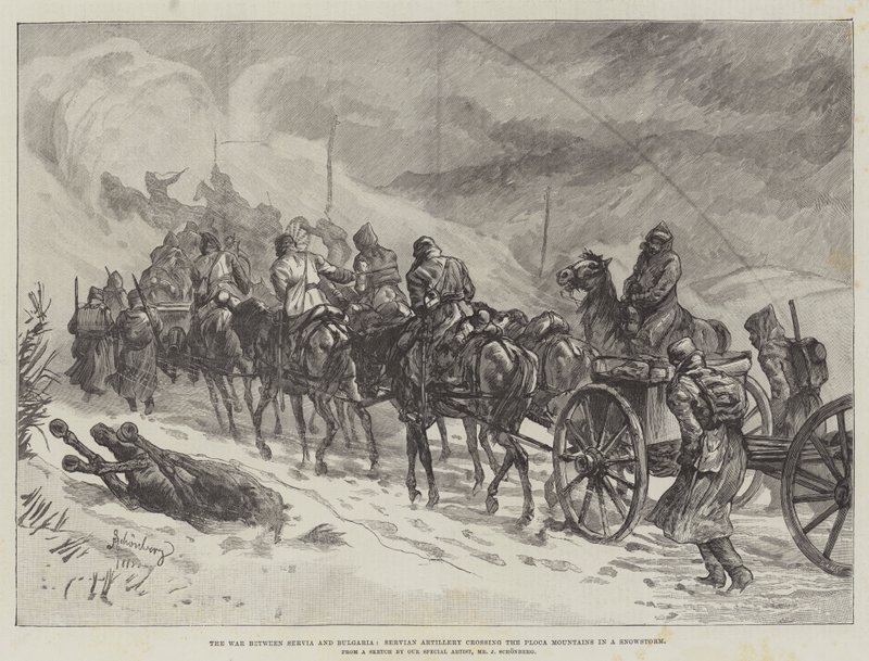 Szerbia és Bulgária háborúja, a szerb tüzérség átkel a Ploca-hegységen hóviharban alkotó: Johann Nepomuk Schonberg