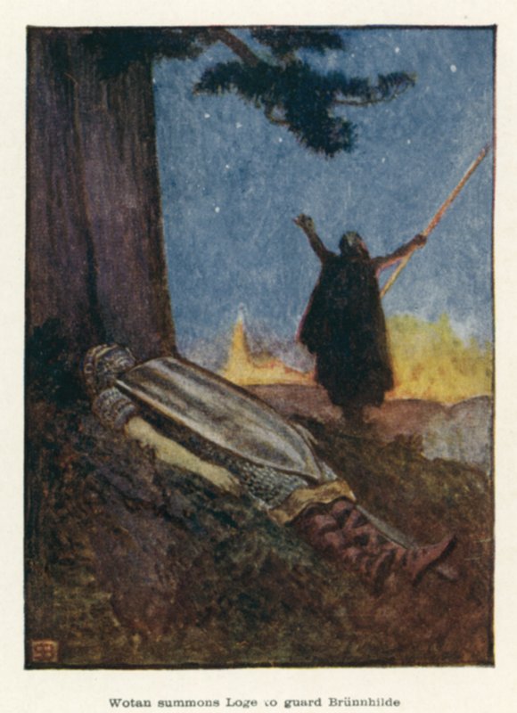 Wotan megidézi Loge-t, hogy őrizze Brunnhildét. alkotó: John Byam Liston Shaw