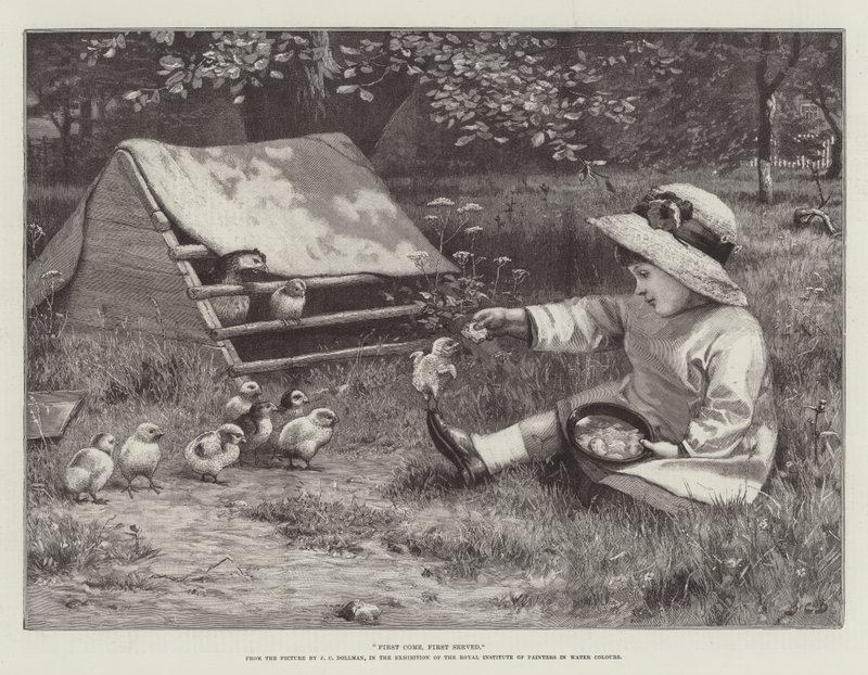A Királyi Festőintézet akvarellfestői intézetének kiállításán az „Előbb jön, elsőként szolgáljuk ki”. alkotó: John Charles Dollman