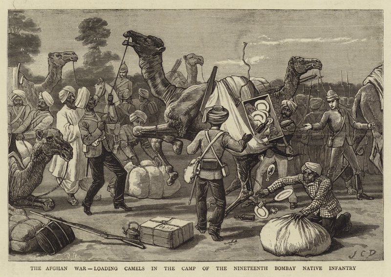 Az afgán háború, tevék betöltése a tizenkilencedik bombayi bennszülött gyalogság táborában alkotó: John Charles Dollman