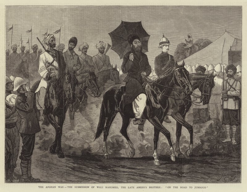 Az afgán háború, Wali Mahomed, a néhai Ameer testvérének behódolása, Úton Jumrood felé alkotó: John Charles Dollman