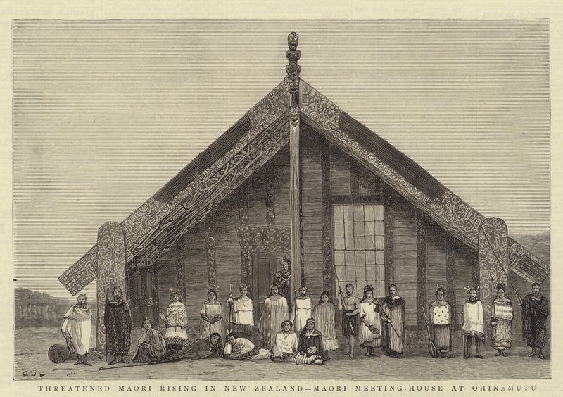 Fenyegetett maori felemelkedés Új-Zélandon, Maori találkozóház Ohinemutuban alkotó: John Charles Dollman