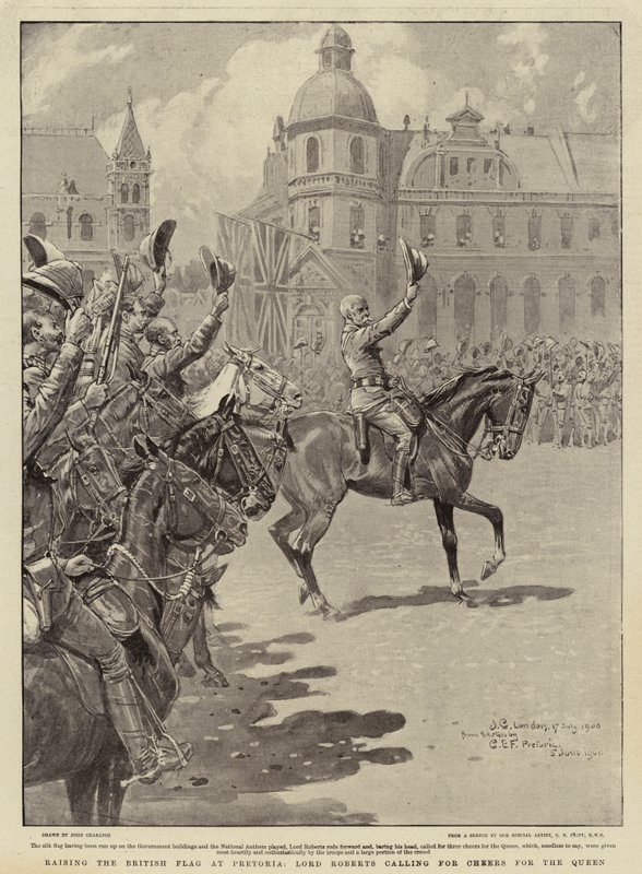 Lord Roberts felvonja a brit zászlót Pretoriában, és Cheers for the Queen-re szólít fel alkotó: John Charlton