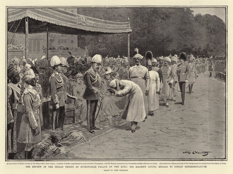 A király áttekintése a Buckingham-palotában lévő indiai csapatokról, őfelsége érmeket adományoz az indiai képviselőknek alkotó: John Charlton