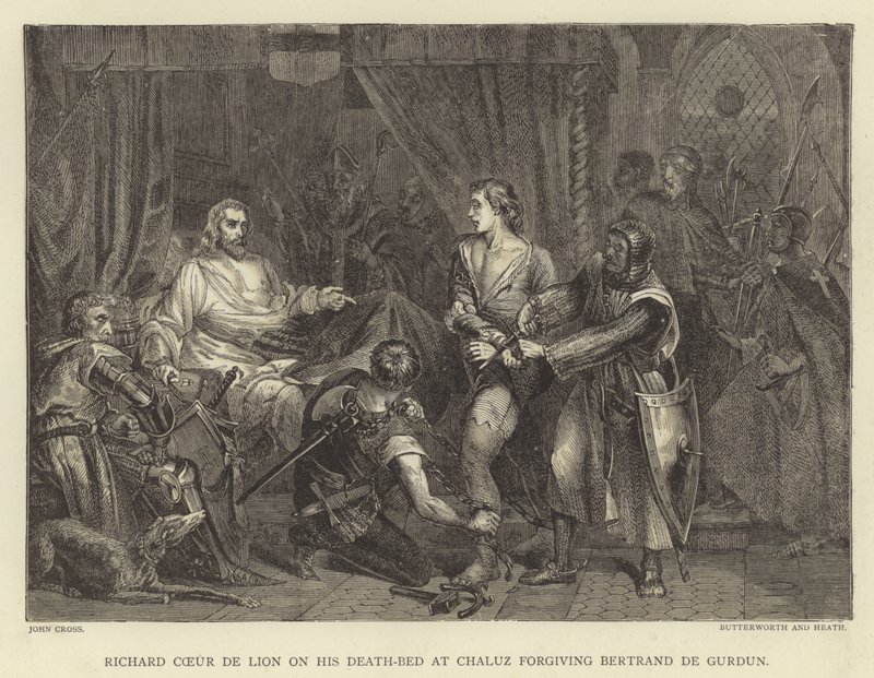 Richard Coeur de Lion a halálos ágyán Chaluzban megbocsát Bertrand de Gurdunak alkotó: John Cross