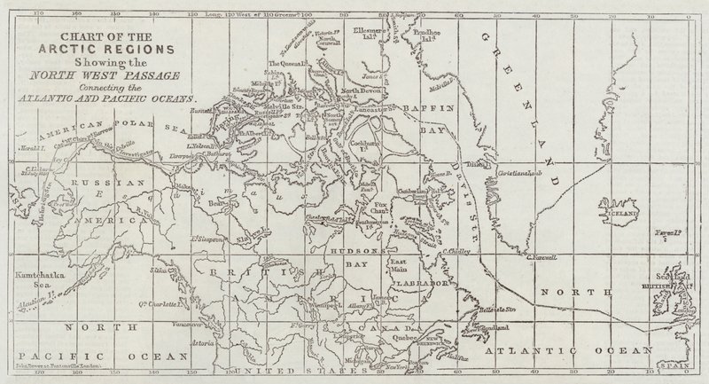 A sarkvidéki régiók térképe az Atlanti- és a Csendes-óceánt összekötő északnyugati átjáróval. alkotó: John Dower
