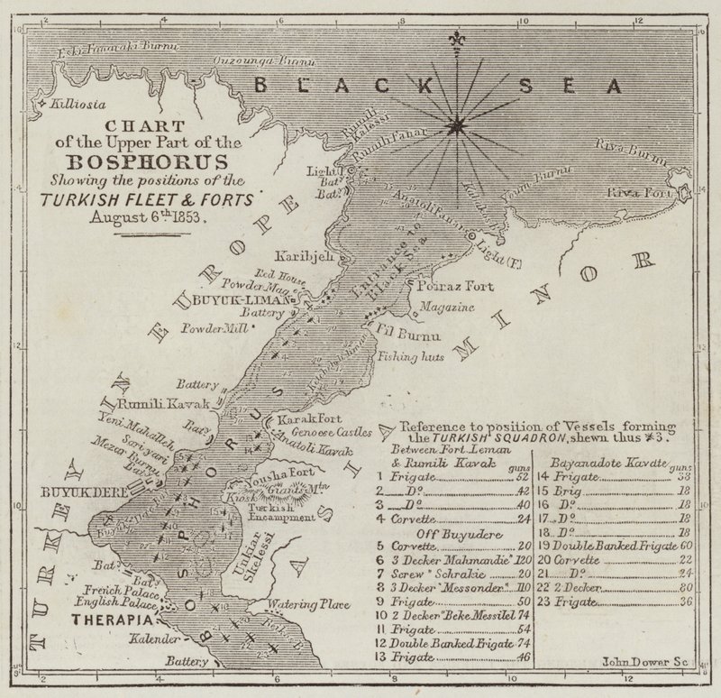 A török flotta hajóinak Boszporuszban elfoglalt helyzetének diagramja alkotó: John Dower