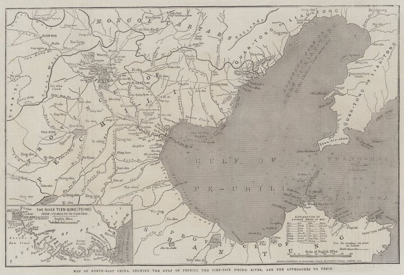 Északkelet-Kína térképe, amelyen a Pechili-öböl, a Tien-Cin (Peiho) folyó és a Pekin megközelítései láthatók alkotó: John Dower